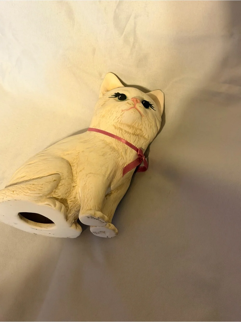 Vintage White Cat Figurine Pink Ribbon Big Eyes Cottagecore Kitty Decor